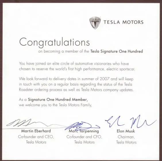 Сертификат Tesla Signature One Hundred