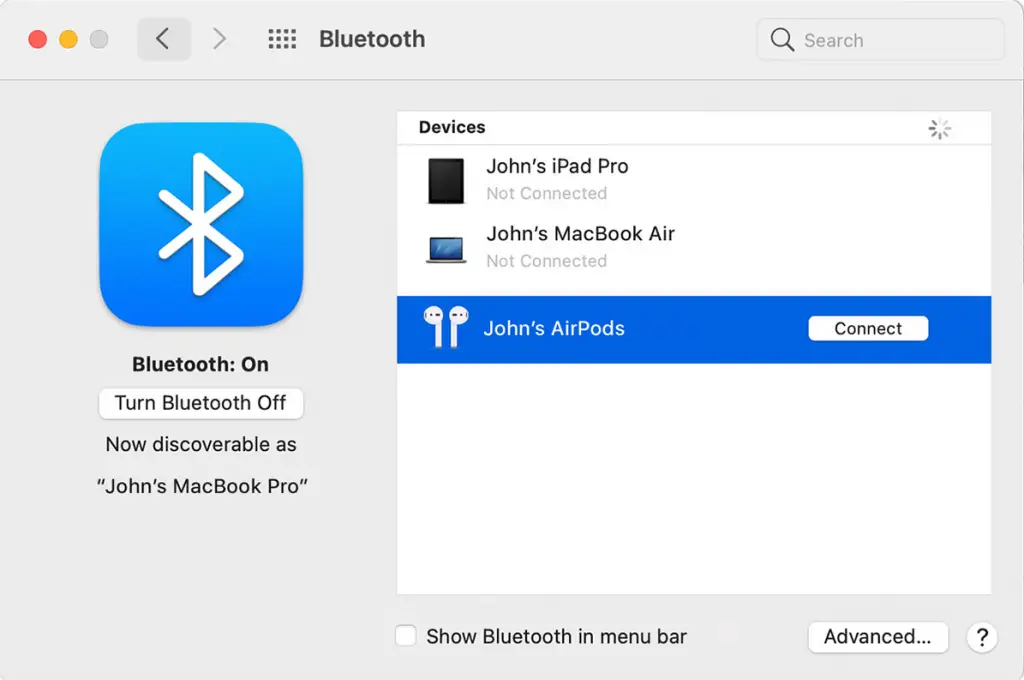 Выберите AirPods в разделе "Устройства" на Mac